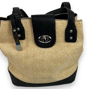 Vintage Franco Sarto Canvas Woven Handbag Shoulder Purse Black Leather Trim